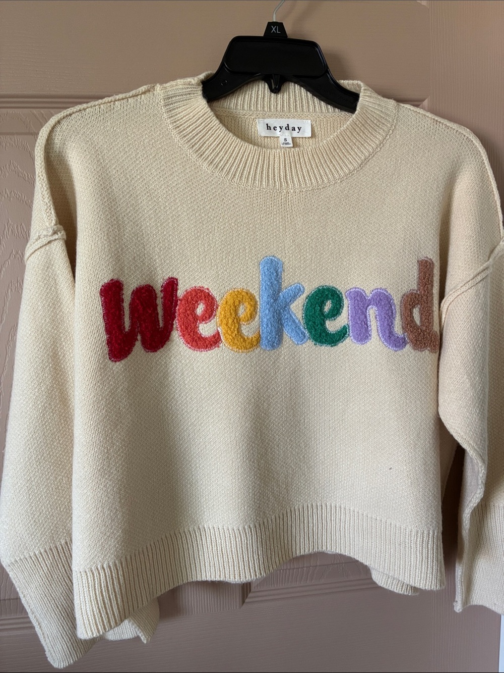 heyday Cream Crewneck Sweater with Rainbow "weekend" Embroidery